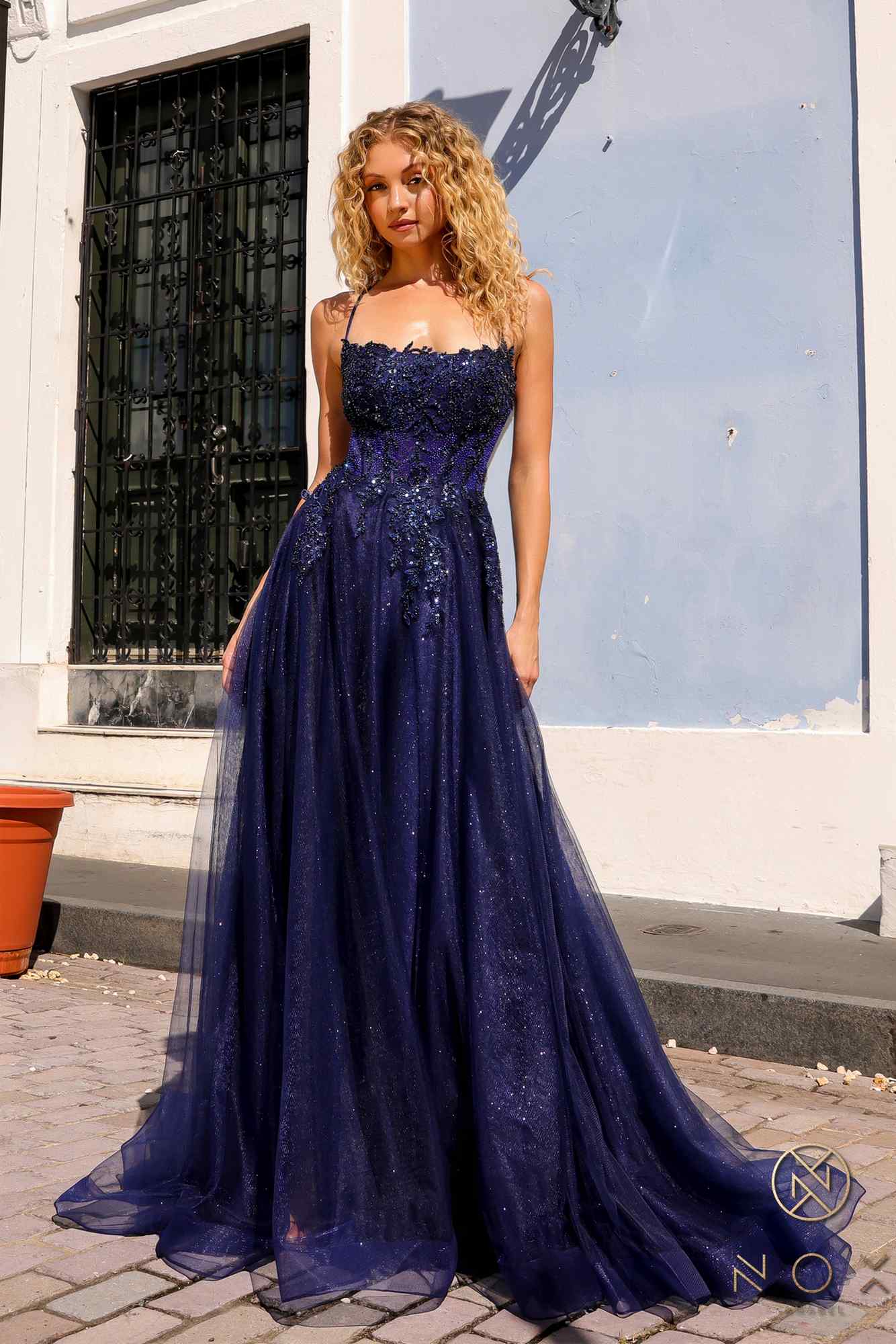 Nox Anabel G1405 Long A-Line Glitter Tulle Square Neck Open Back Ball Gown