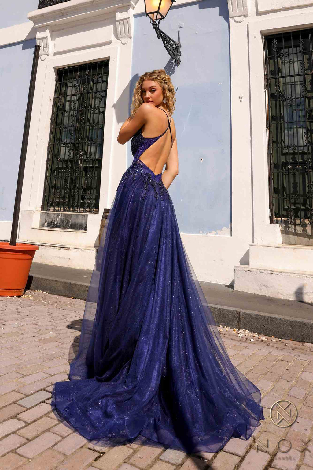 Nox Anabel G1405 Long A-Line Glitter Tulle Square Neck Open Back Ball Gown