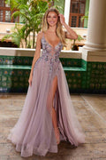 Nox Anabel G1649 Lace-Up Deep V-Neck A-line Dress with Sequin Applique