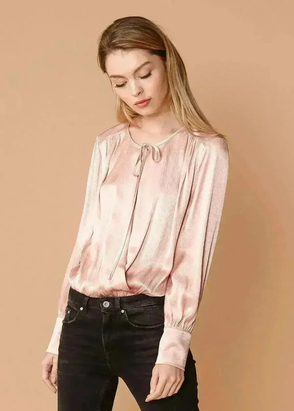 Fall Pink Tie-Neck Long Sleeve Bodysuit - Femstylo