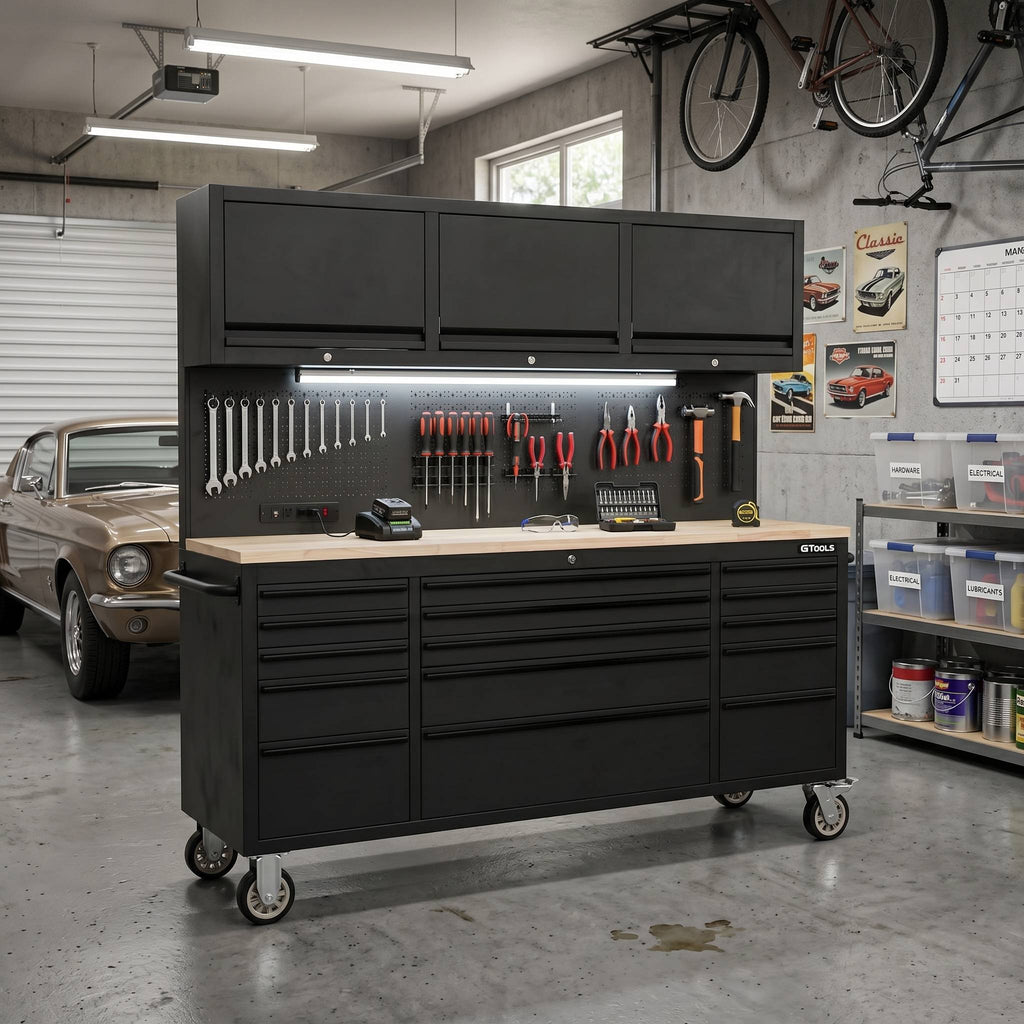 72 inch Rolling Tool Chest with Light & Power Strips, Workbench, Upper Cabinets & Pegboard