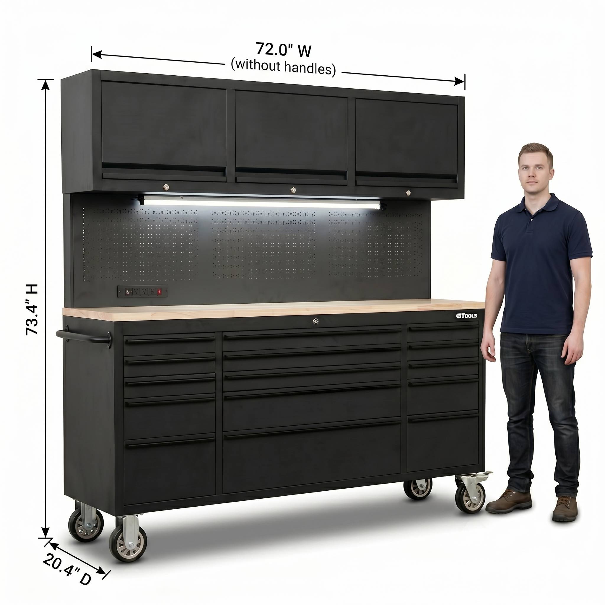 72 inch Rolling Tool Chest with Light & Power Strips, Workbench, Upper Cabinets & Pegboard