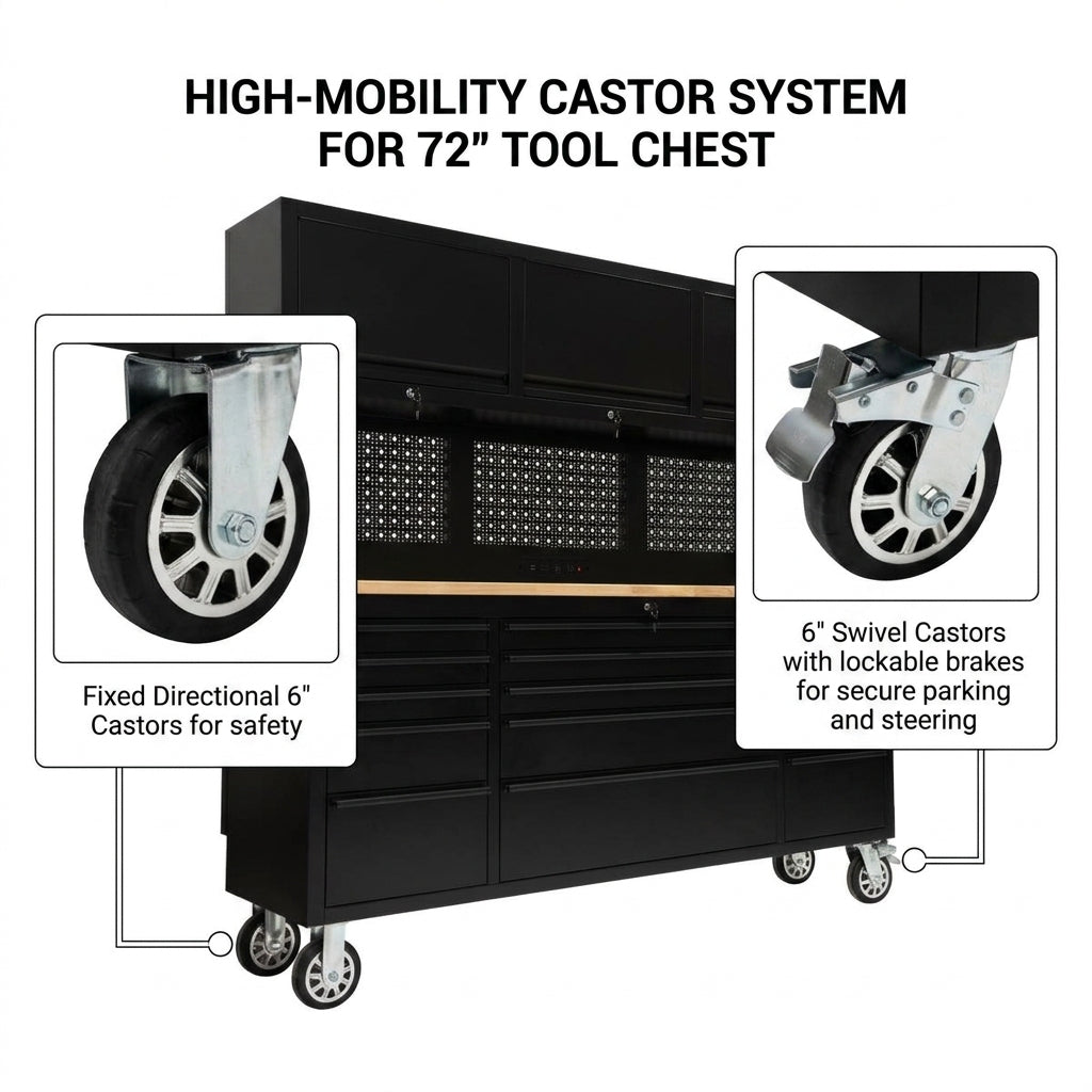 72 inch Rolling Tool Chest with Light & Power Strips, Workbench, Upper Cabinets & Pegboard