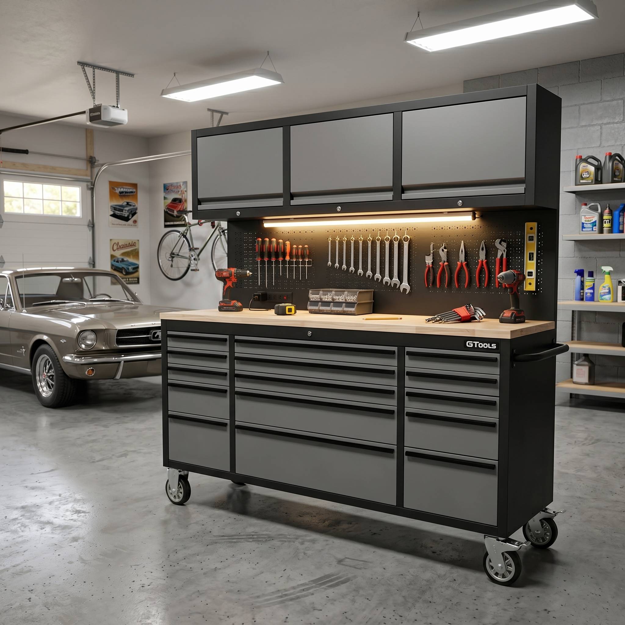 72 inch Rolling Tool Chest with Light & Power Strips, Workbench, Upper Cabinets & Pegboard