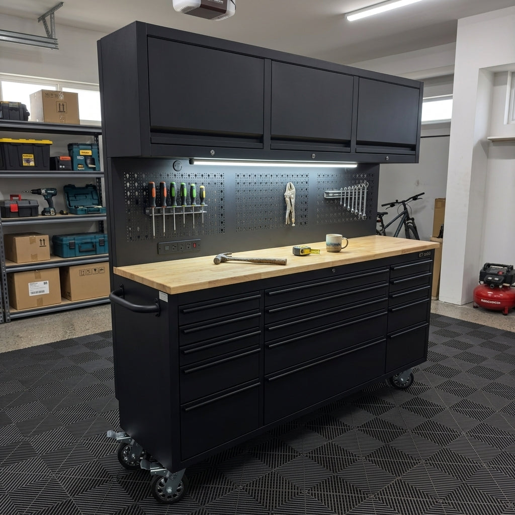 72 inch Rolling Tool Chest with Light & Power Strips, Workbench, Upper Cabinets & Pegboard