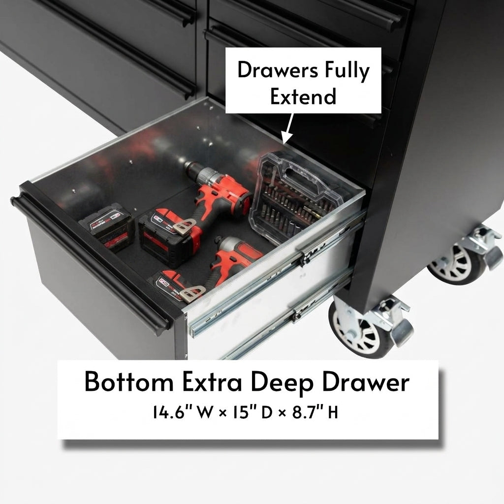 72 inch Rolling Tool Chest with Light & Power Strips, Workbench, Upper Cabinets & Pegboard