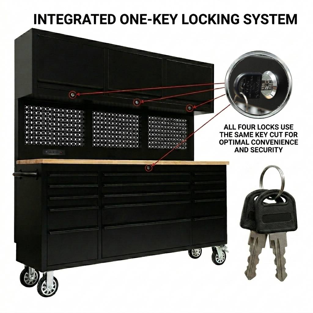 72 inch Rolling Tool Chest with Light & Power Strips, Workbench, Upper Cabinets & Pegboard