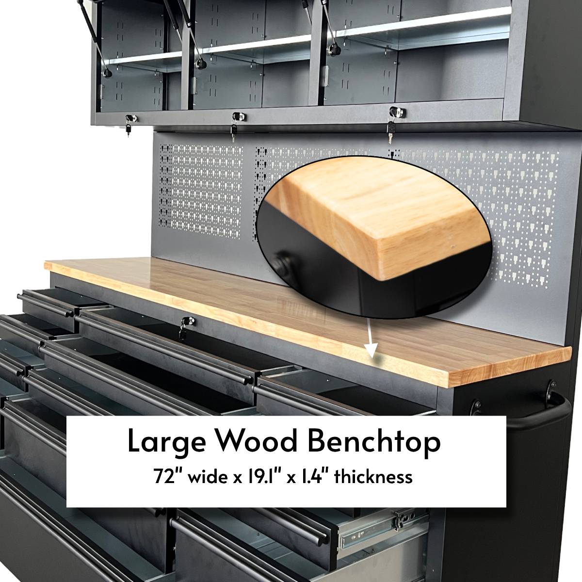 72 inch Rolling Tool Chest with Light & Power Strips, Workbench, Upper Cabinets & Pegboard