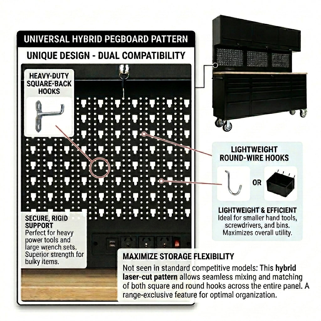 72 inch Rolling Tool Chest with Light & Power Strips, Workbench, Upper Cabinets & Pegboard