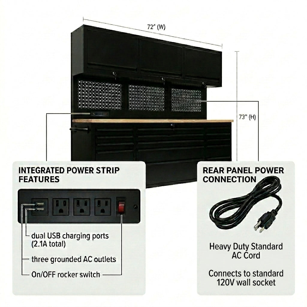 72 inch Rolling Tool Chest with Light & Power Strips, Workbench, Upper Cabinets & Pegboard