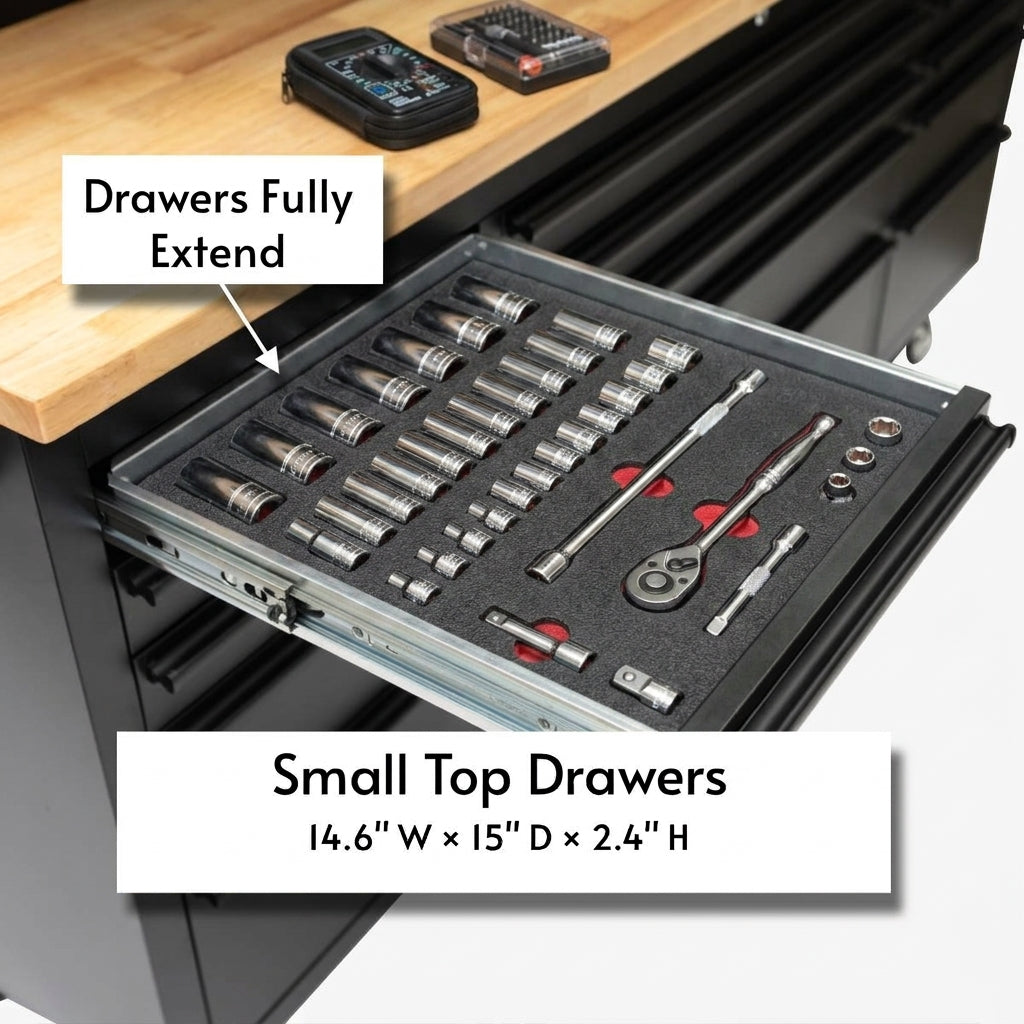 72 inch Rolling Tool Chest with Light & Power Strips, Workbench, Upper Cabinets & Pegboard