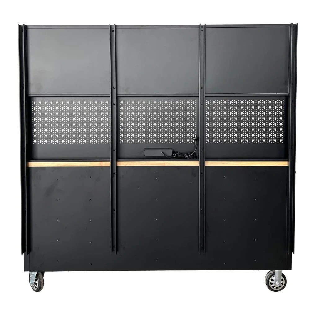 72 inch Rolling Tool Chest with Light & Power Strips, Workbench, Upper Cabinets & Pegboard