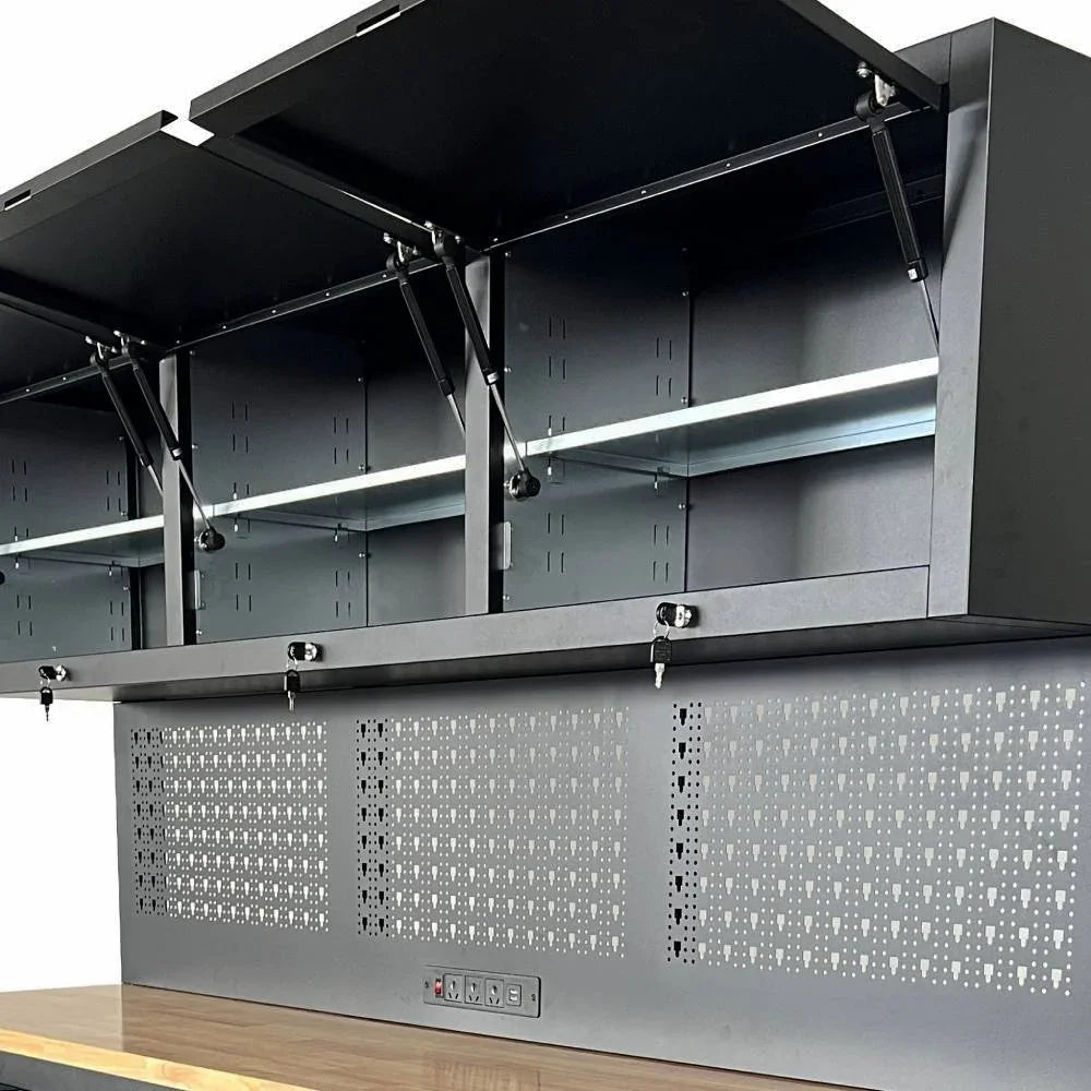 72 inch Rolling Tool Chest with Light & Power Strips, Workbench, Upper Cabinets & Pegboard