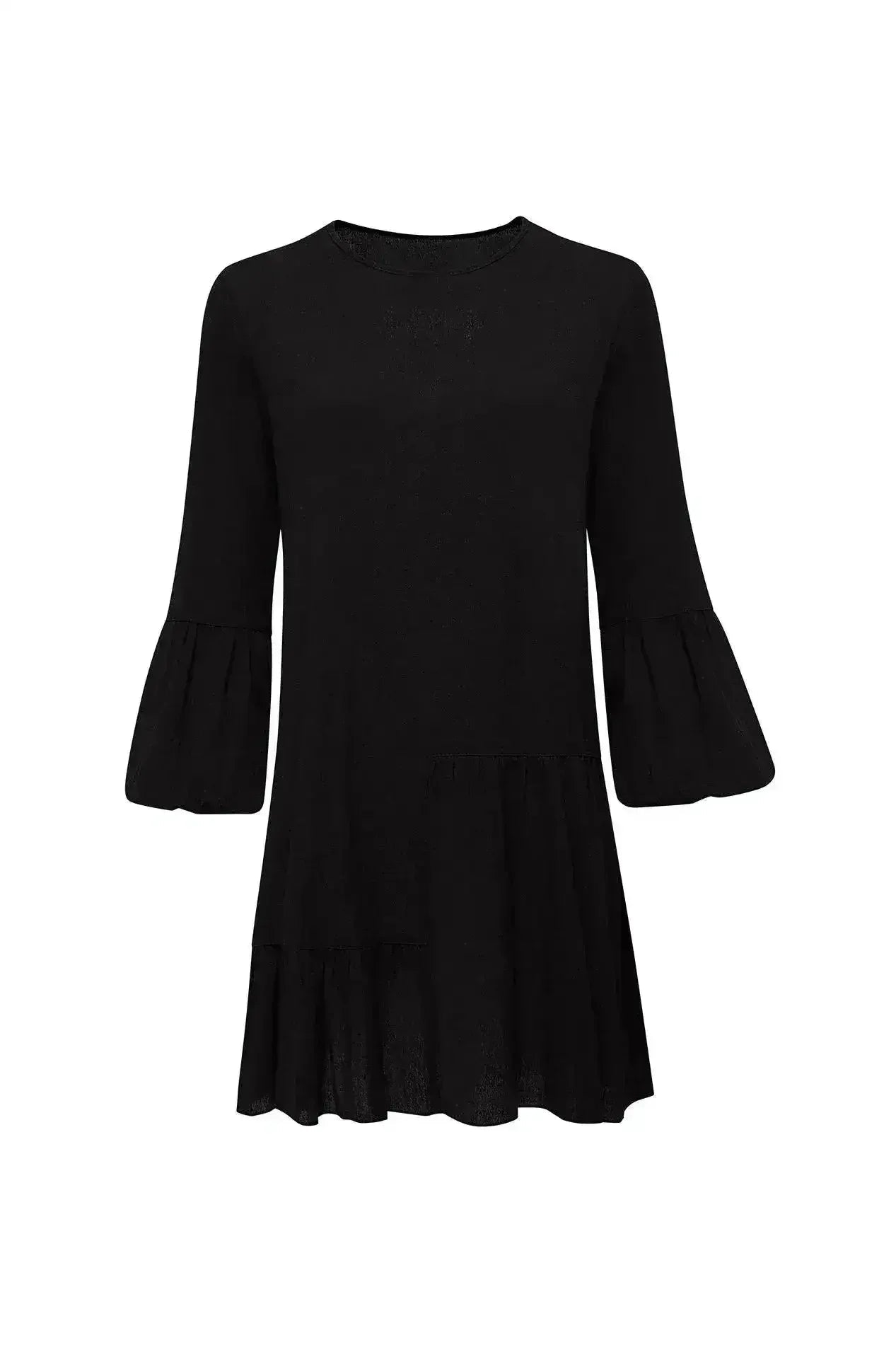 Gaia Black Mini Dress | Puffed Sleeves | Tiered Ruffles