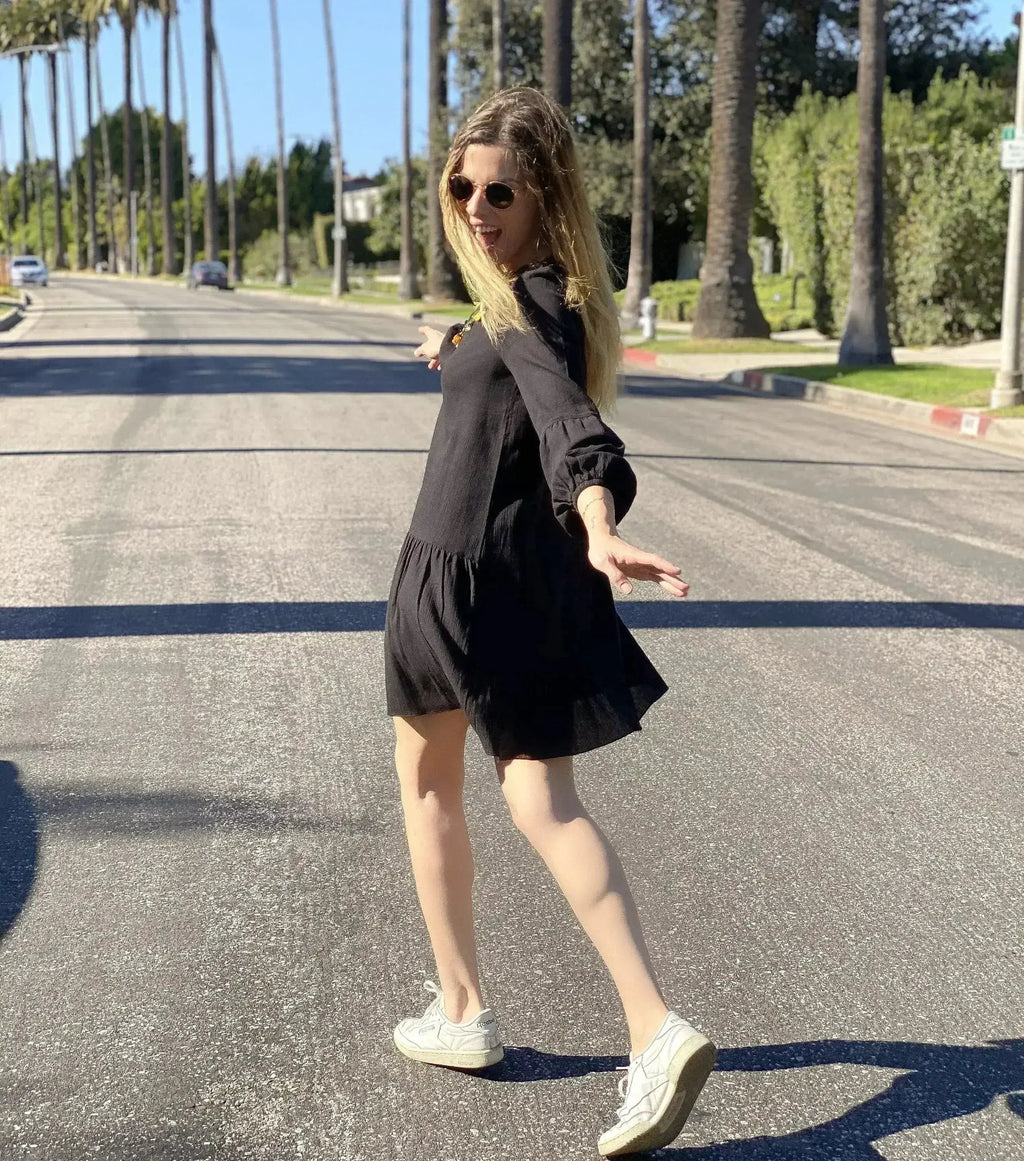 Gaia Black Mini Dress | Puffed Sleeves | Tiered Ruffles