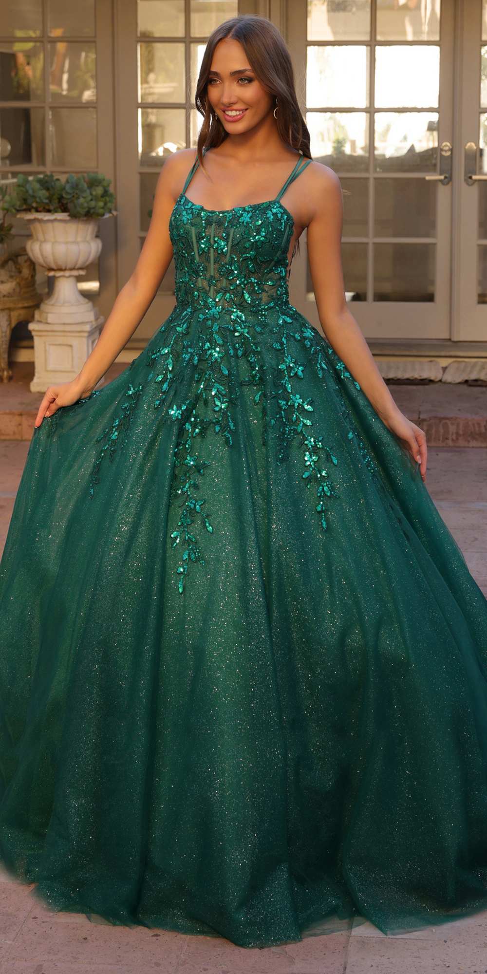 Nox Anabel H1271 Long Scoop Neckline Glitter Tulle A-Line Ballgown