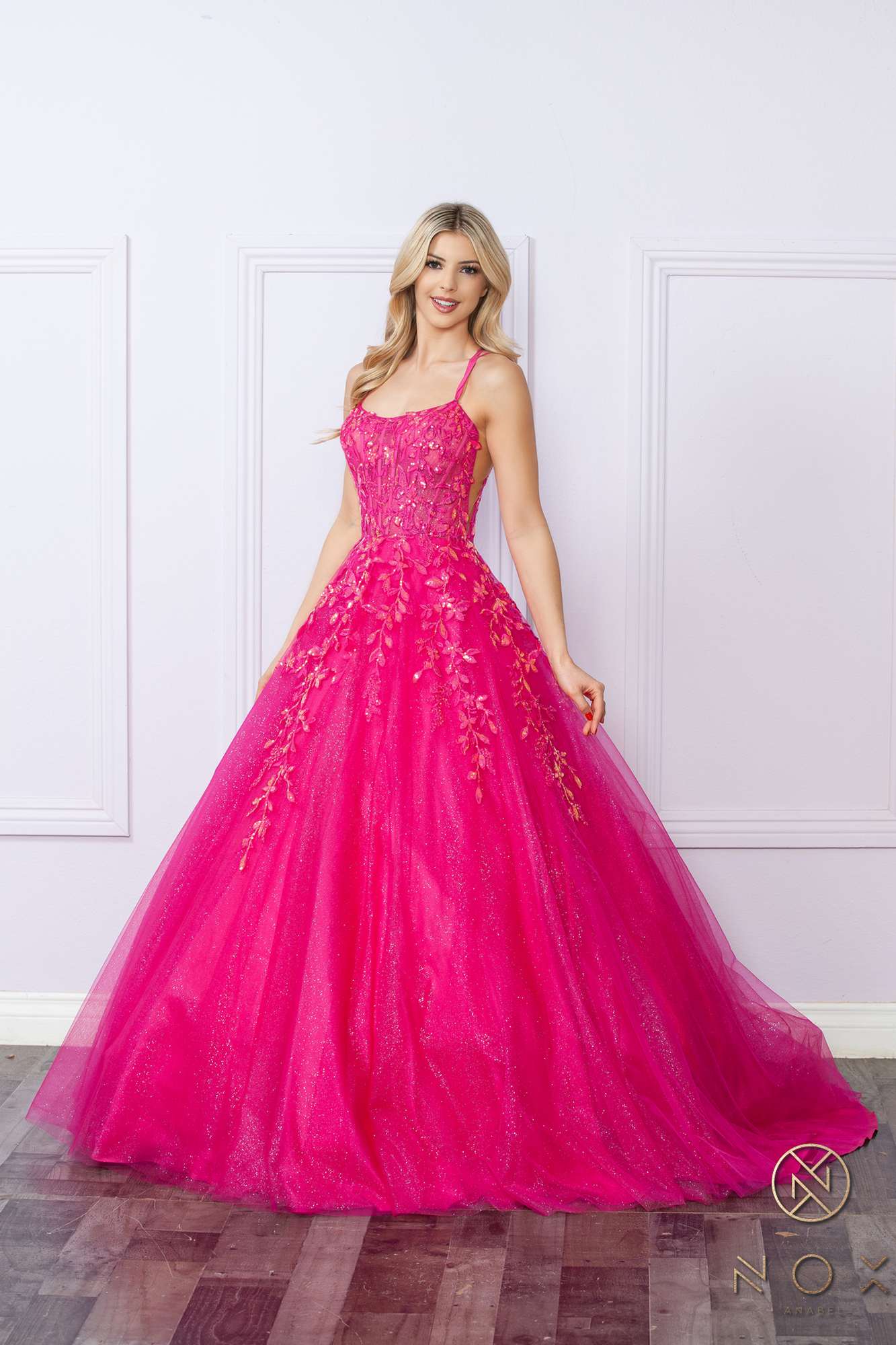 Nox Anabel H1271 Long Scoop Neckline Glitter Tulle A-Line Ballgown