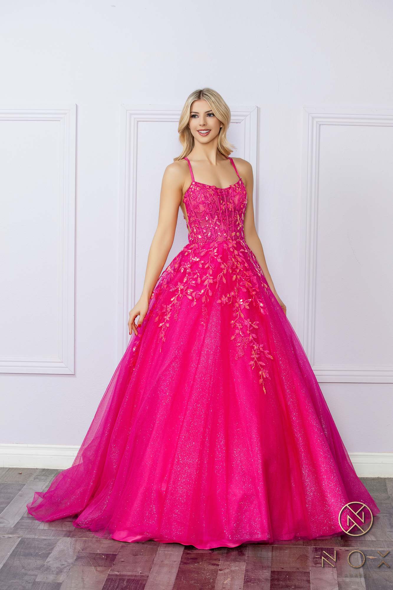 Nox Anabel H1271 Long Scoop Neckline Glitter Tulle A-Line Ballgown