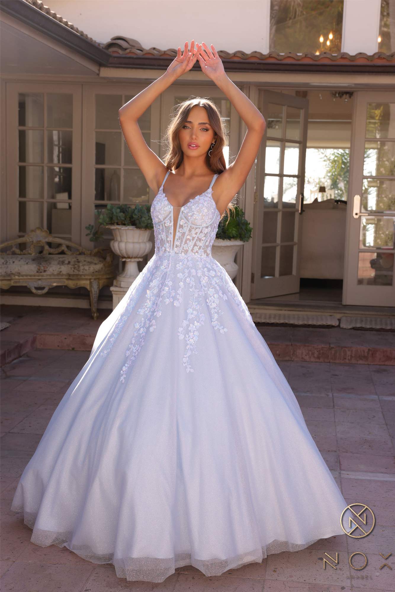 Nox Anabel H1357 Plunging Illusion Neckline Corset A-Line Ballgown