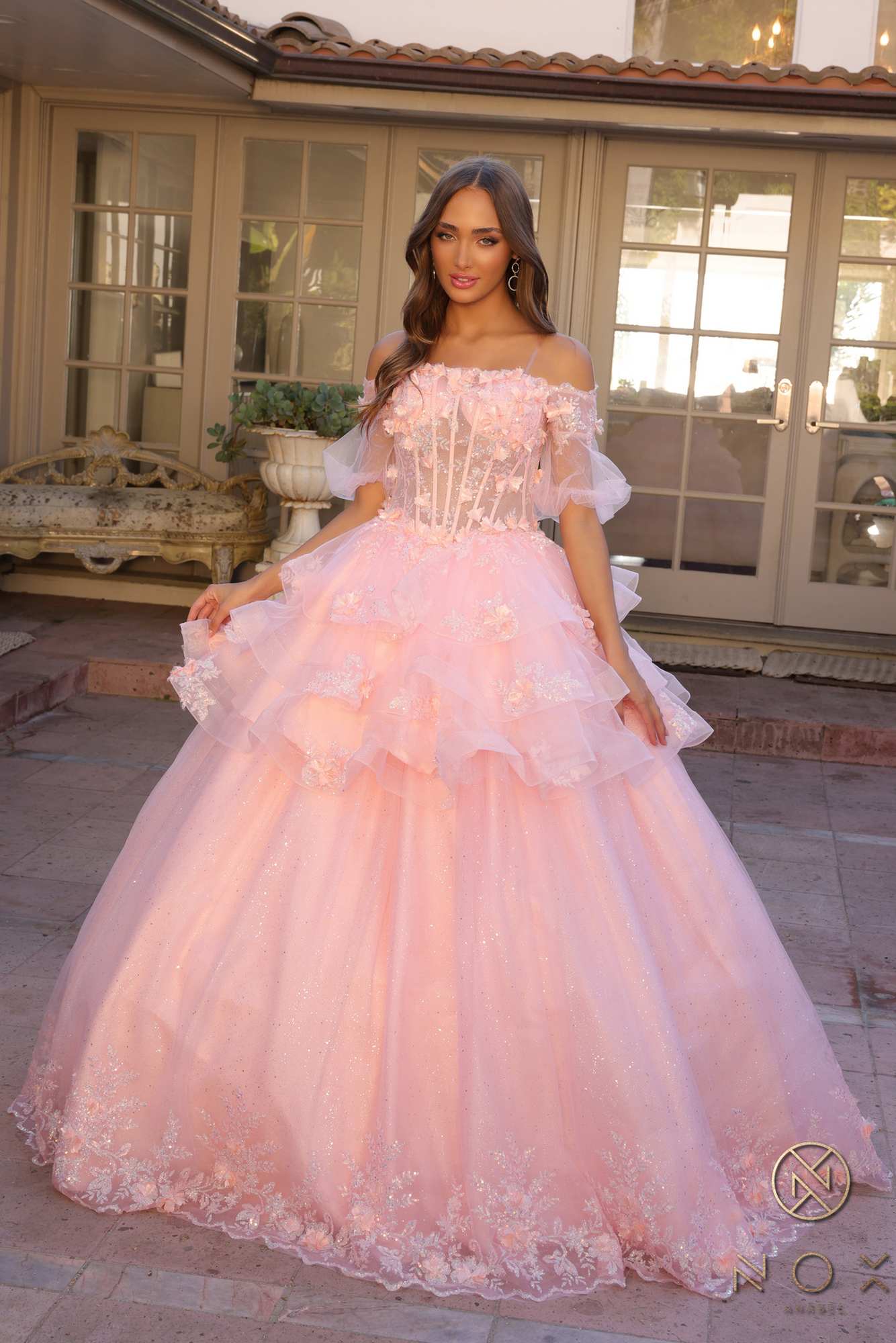 Nox Anabel H1360 Off the Shoulder 3D Floral A-Line Gown Removable Skirt