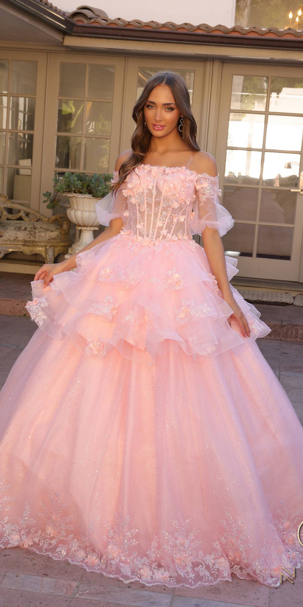 Nox Anabel H1360 Off the Shoulder 3D Floral A-Line Gown Removable Skirt
