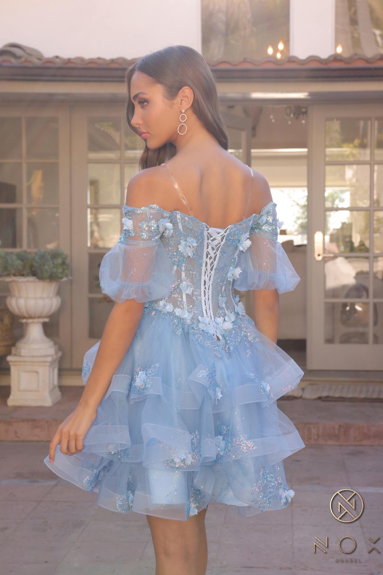 Nox Anabel H1360 Off the Shoulder 3D Floral A-Line Gown Removable Skirt