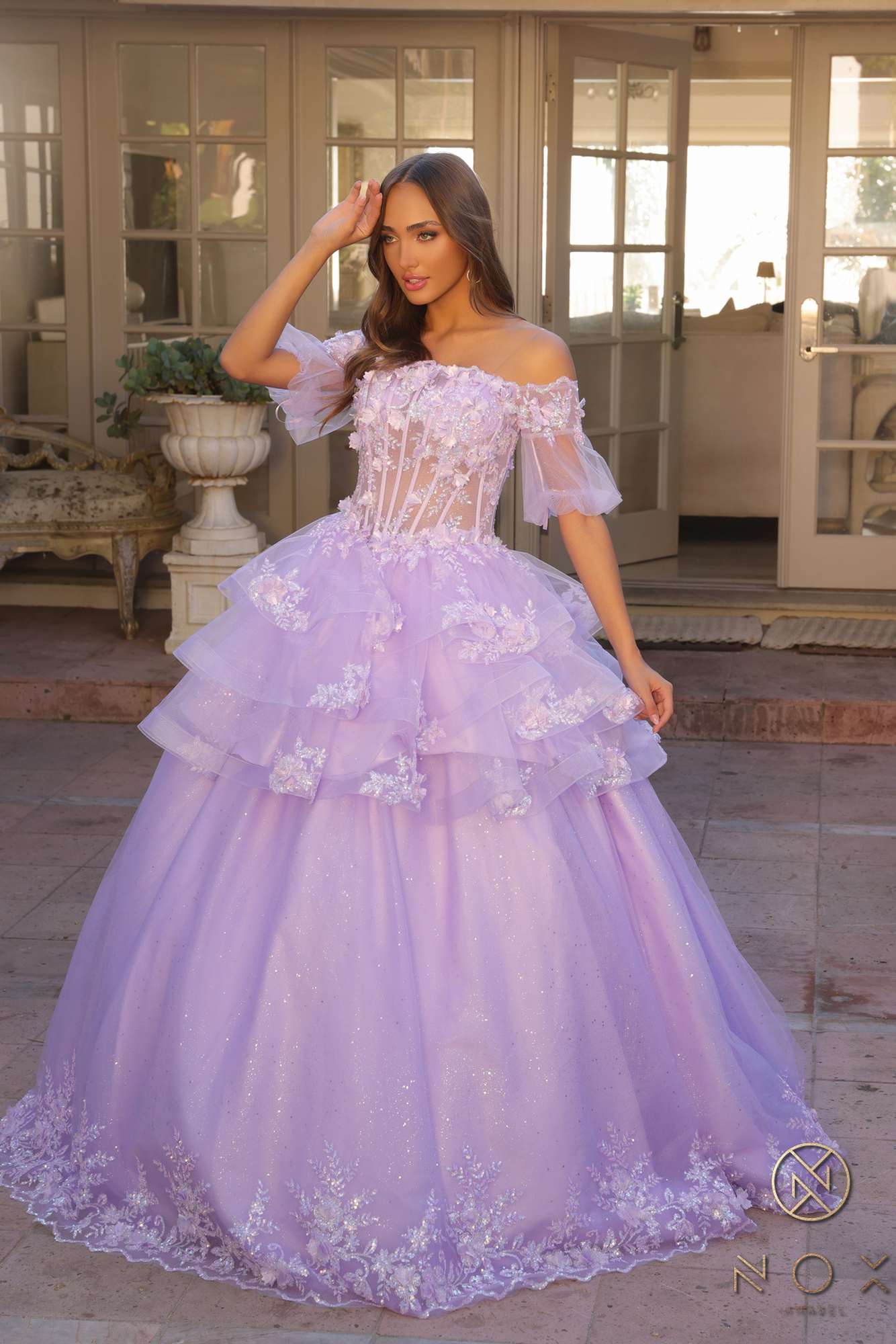 Nox Anabel H1360 Off the Shoulder 3D Floral A-Line Gown Removable Skirt