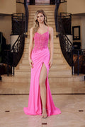 Nox Anabel H1670 Glitter Satin Floral Embroidered Dress with Slit