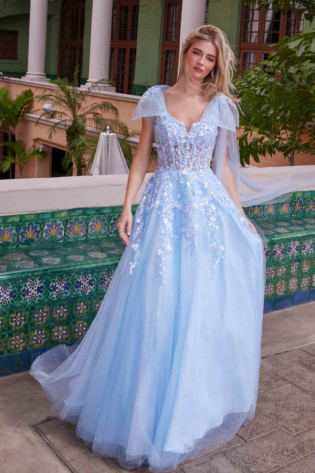 Nox Anabel H1680 Draped Tie-Up Straps Applique Tulle Dress