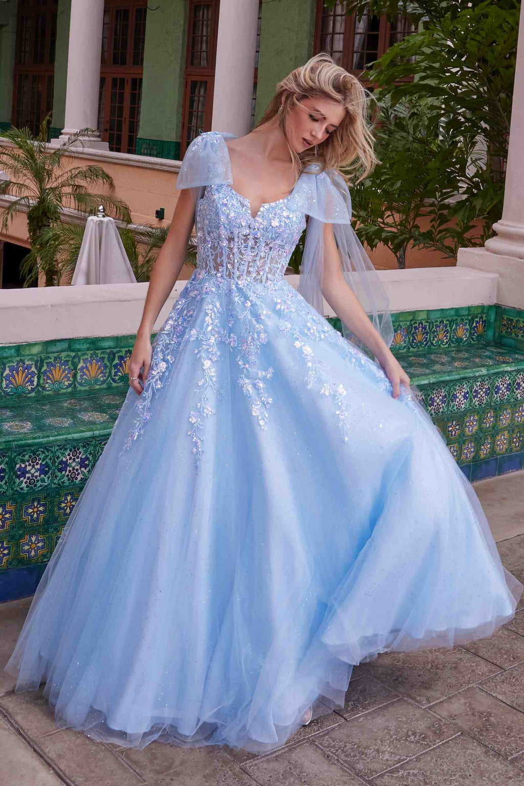 Nox Anabel H1680 Draped Tie-Up Straps Applique Tulle Dress