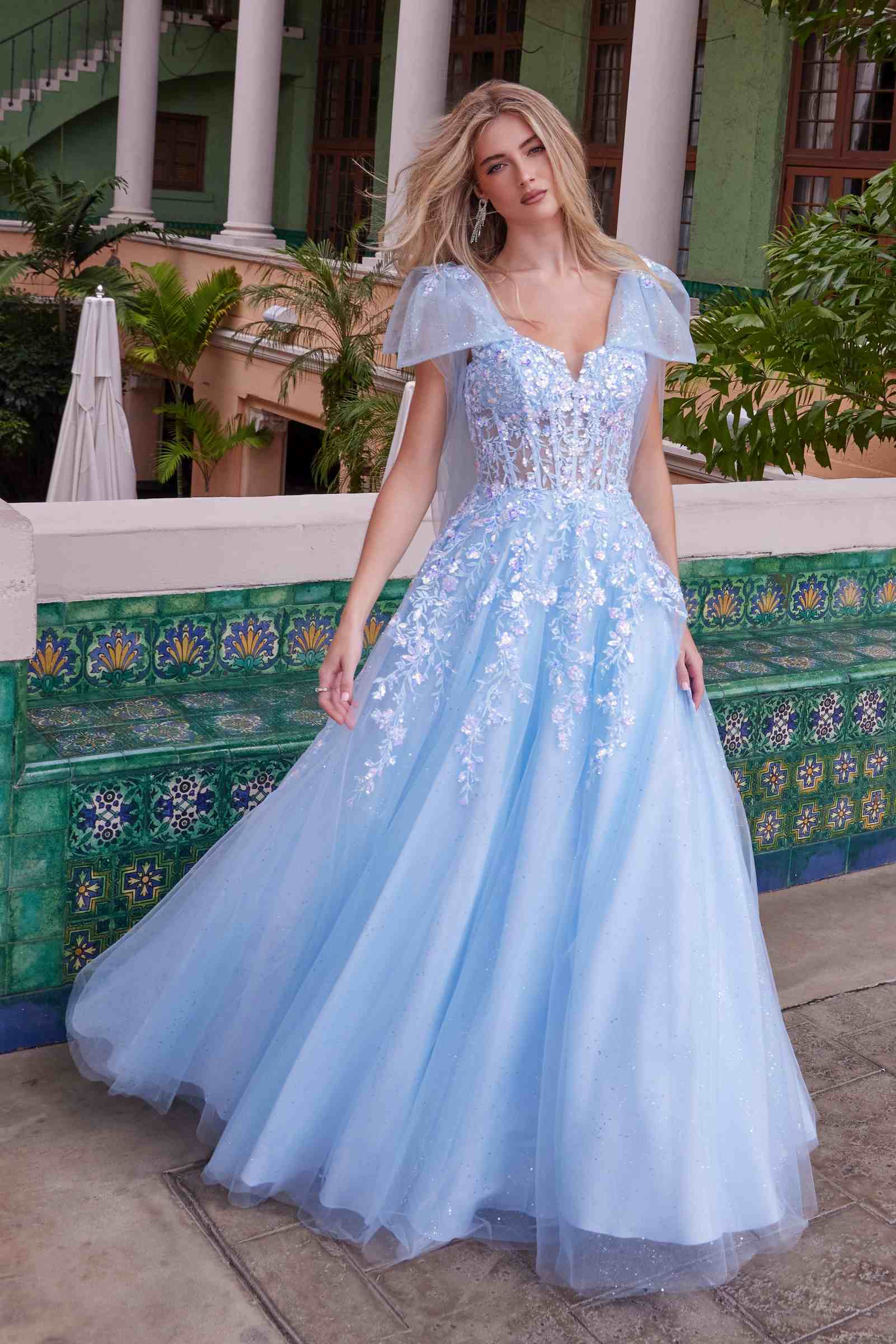 Nox Anabel H1680 Draped Tie-Up Straps Applique Tulle Dress