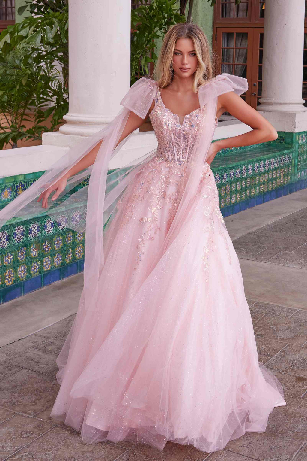 Nox Anabel H1680 Draped Tie-Up Straps Applique Tulle Dress