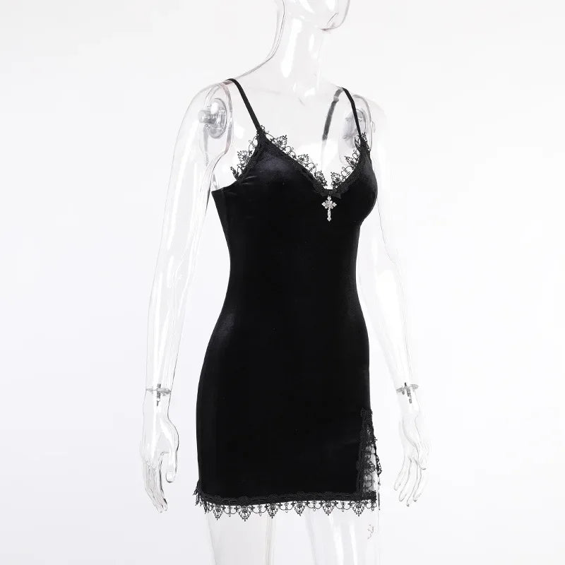 Goth Cross Mini Dress | Vintage Black Spaghetti Strap Dress -femstylo