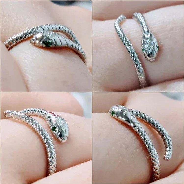 BAMOER 925 Sterling Silver Platinum Plated Adjustable Ring, Green Zircon Retro Textures Snake Ring Fashion Jewelry 4 Colors