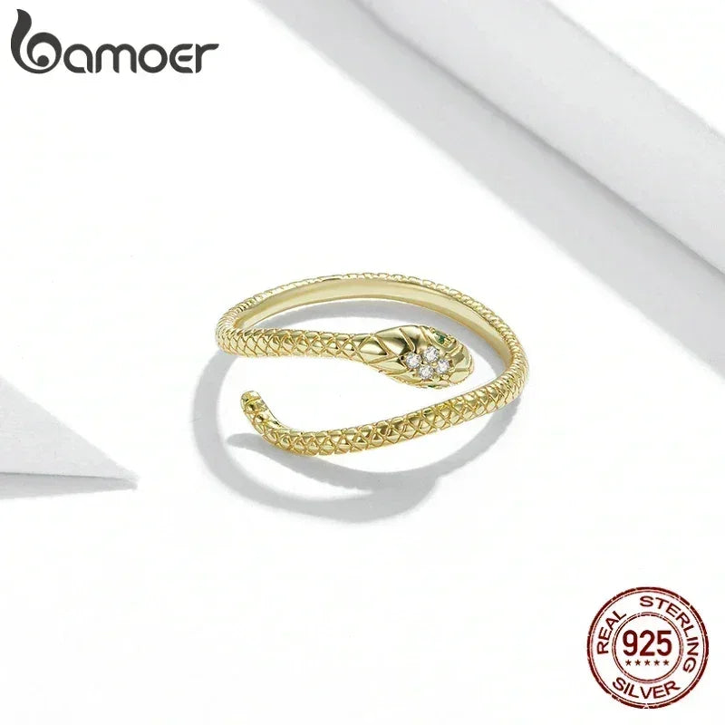 BAMOER 925 Sterling Silver Platinum Plated Adjustable Ring, Green Zircon Retro Textures Snake Ring Fashion Jewelry 4 Colors