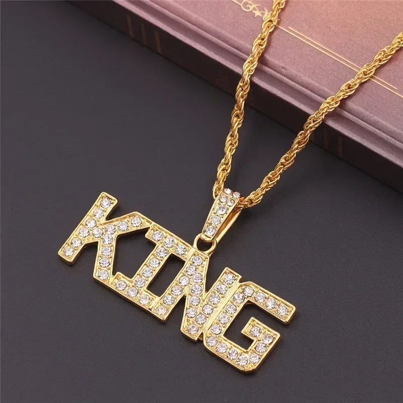 Men Hip Hop Full Rhinestone King Queen Pendants Necklaces Bling Bling Iced Out Cuban Link Chain Hiphop Necklace Men Jewelry Gift