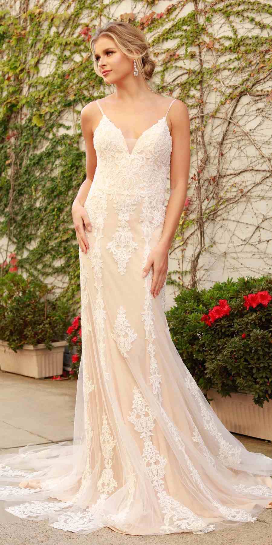 Nox Anabel H494 Spaghetti Strap V-Neckline Long Lace Wedding Gown