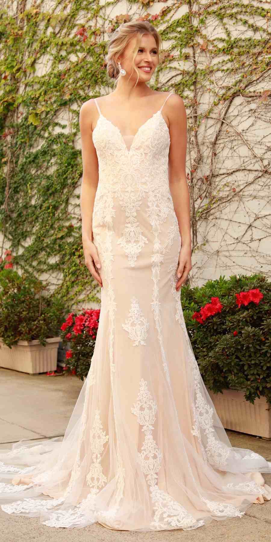 Nox Anabel H494 Spaghetti Strap V-Neckline Long Lace Wedding Gown
