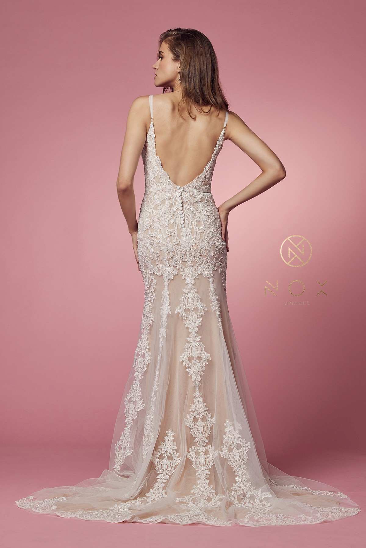 Nox Anabel H494 Spaghetti Strap V-Neckline Long Lace Wedding Gown