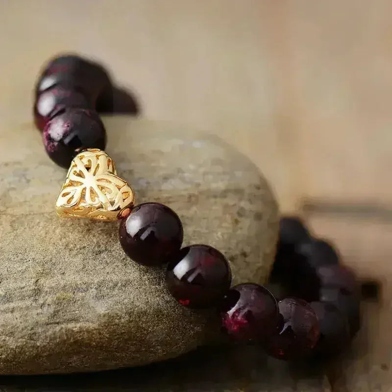 Garnet Heart Bracelet – 10mm Natural Stones | Bohemian Luxury