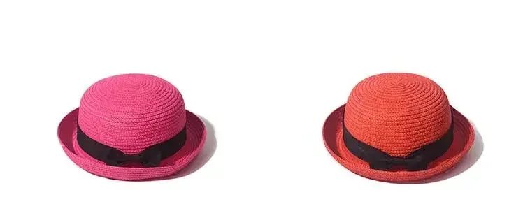 Hats For Women Summer Sun Protection Straw Hat Female Round Top Curled Brim Parent Child Student Sunshade Travel