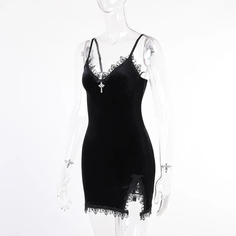 Goth Cross Mini Dress | Vintage Black Spaghetti Strap Dress -femstylo