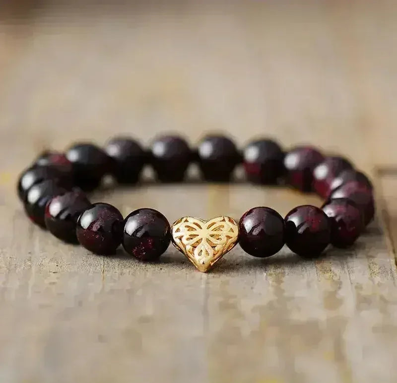 Garnet Heart Bracelet – 10mm Natural Stones | Bohemian Luxury