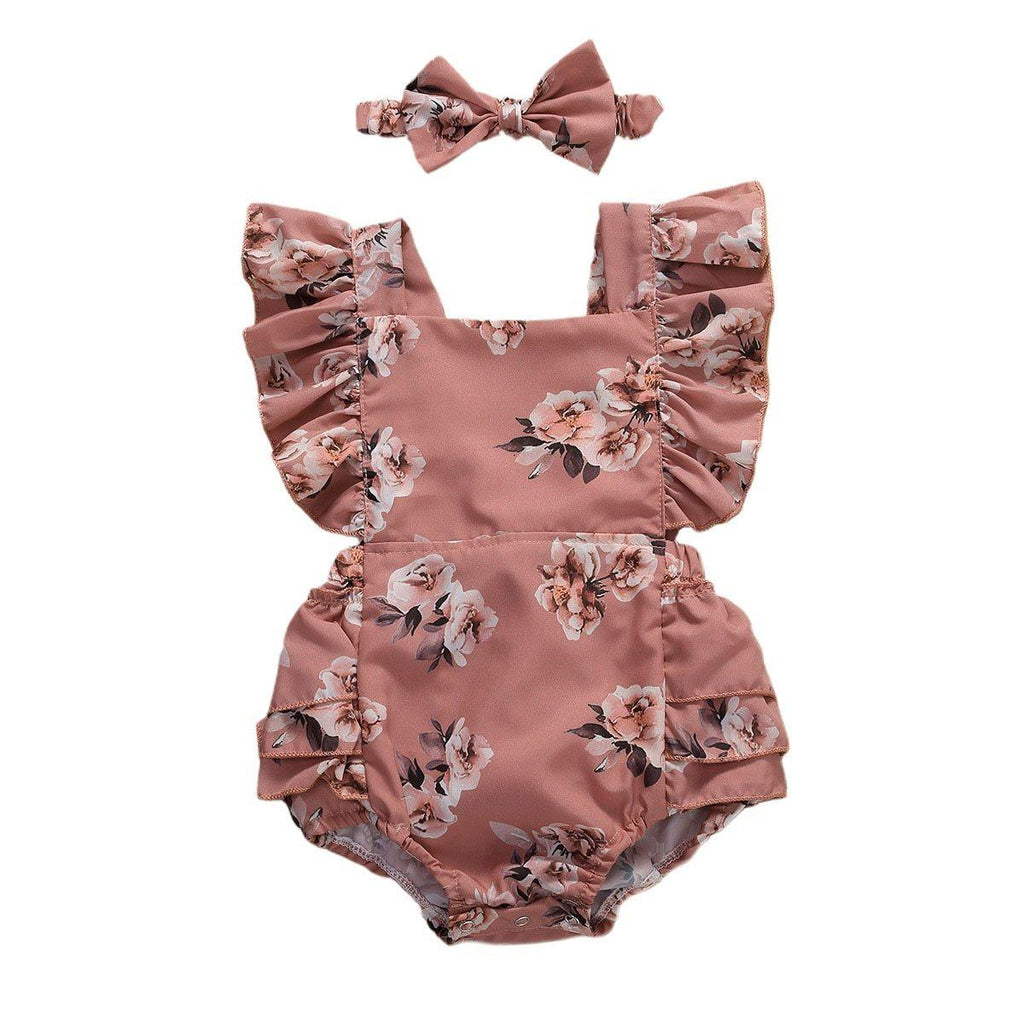 Modern 0-24M Newborn Baby Girls Flowers Print Ruffles Short Sleeve Jumpsuits Headband For Girls