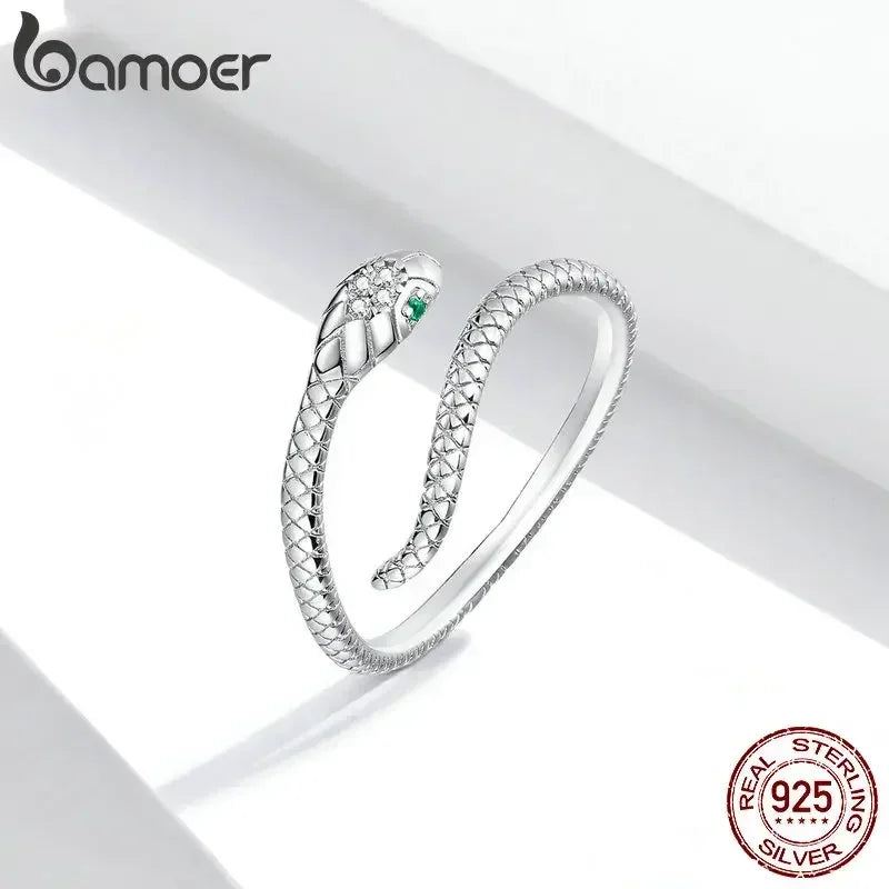 BAMOER 925 Sterling Silver Platinum Plated Adjustable Ring, Green Zircon Retro Textures Snake Ring Fashion Jewelry 4 Colors