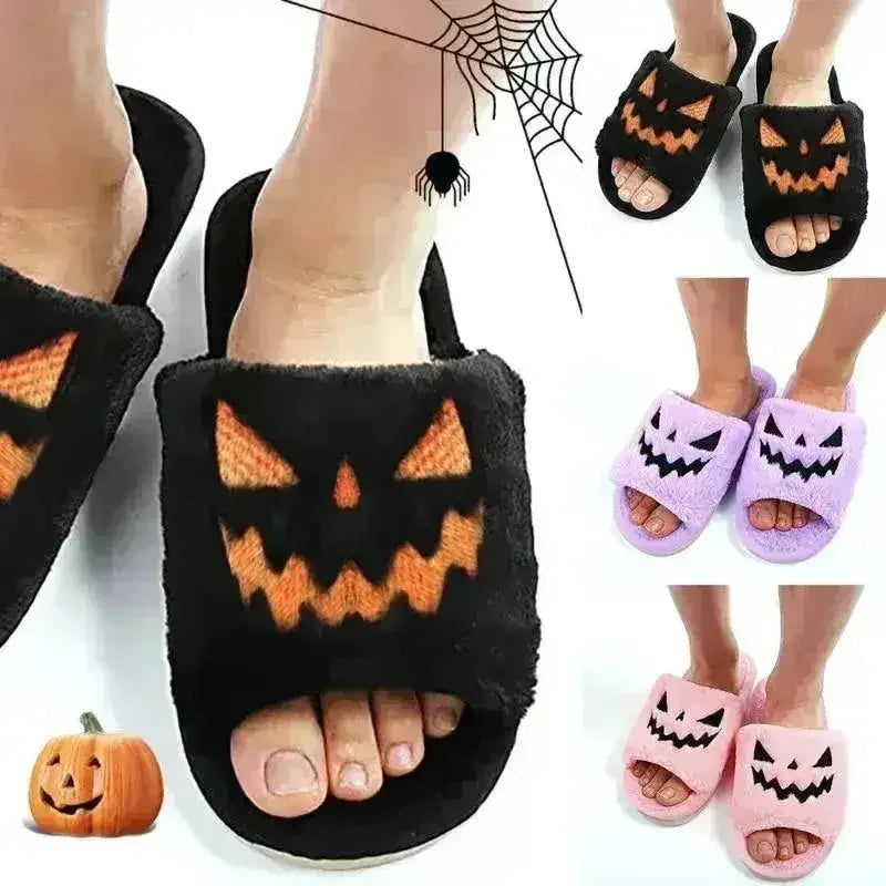 Halloween Pumpkin Fuzzy Slippers Soft Plush Cozy Open Toe Women Slides