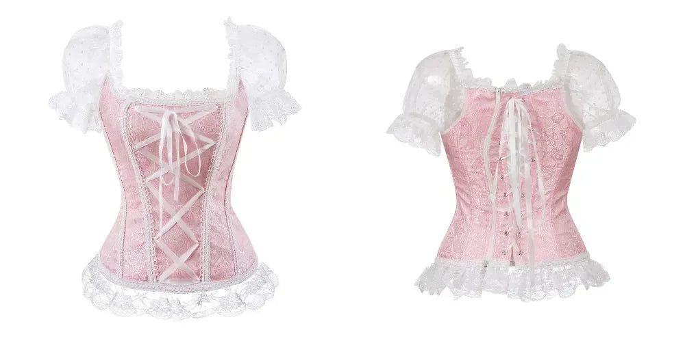 Fashion Princess Style Women Lingerie Bodyshaper Bridal Corset Bustier Tops For Women Short-Sleeve Lace Up Corselet Plus Size