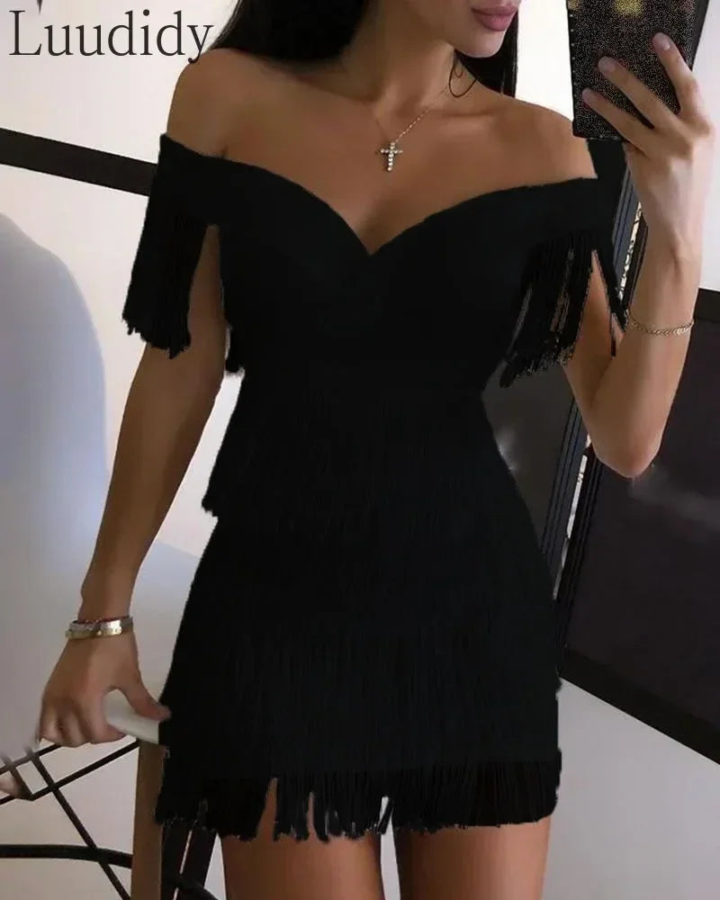 White Fringe Celebrity Evening Runway Party Dress Women Sexy Tassels Short Sleeve Club Dress Vestidos