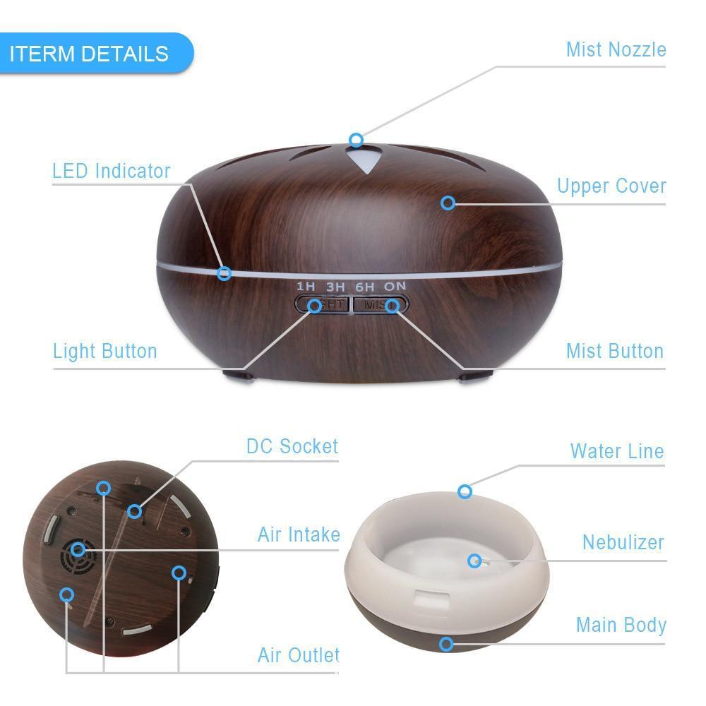 500ML Aromatherapy Essential Oil Diffuser Colorful LED Lights Wood Grain Aroma Diffuser Ultrasonic Cool Mist Air Humidifier For Bedroom Living room Decor