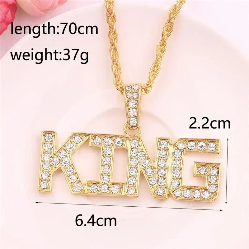 Men Hip Hop Full Rhinestone King Queen Pendants Necklaces Bling Bling Iced Out Cuban Link Chain Hiphop Necklace Men Jewelry Gift